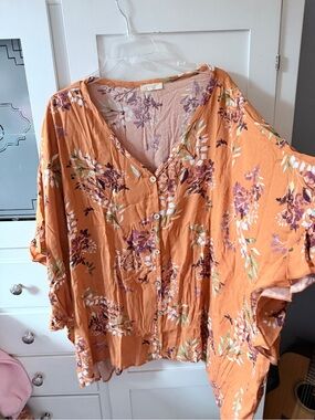 ODDY Orange Floral Button-Front V-Neck Blouse